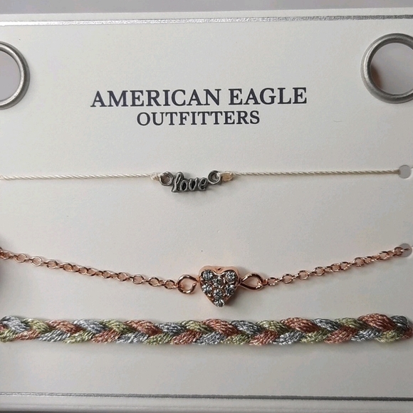 American Eagle Outfitters Heart and Love Bracelet Trio - Gold, Silver, and Brown - Picture 1 of 3